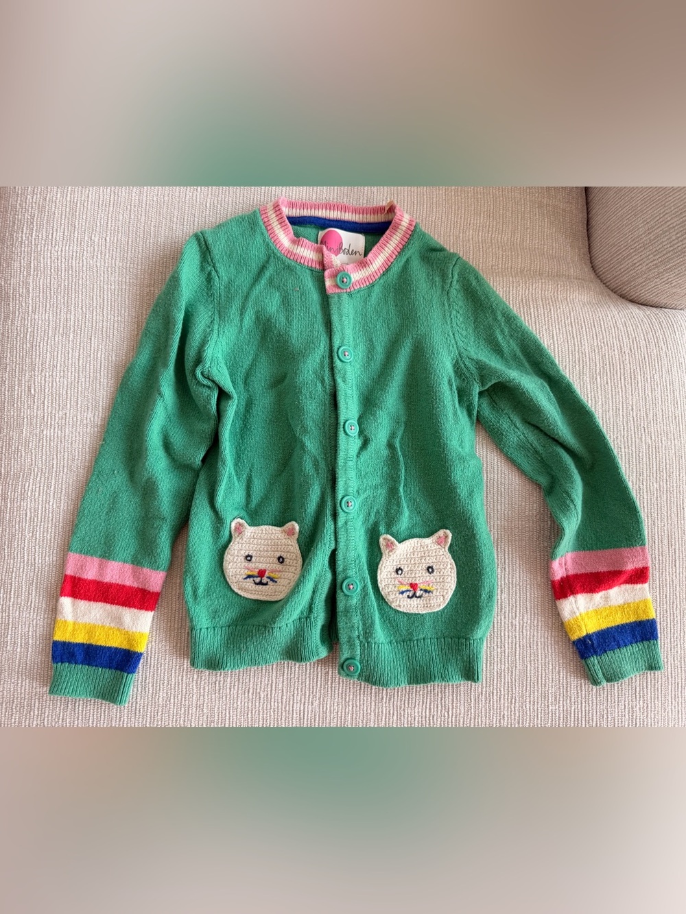 Mini Boden Mint Green Cardigan with Rainbows and Kitty Cats 7-8y